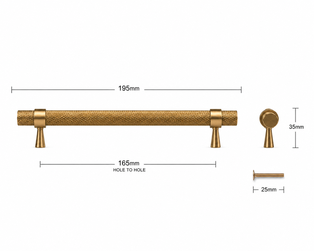 Brushed Brass Knurled Cabinet Handle | Solid Brass | 165mm Centres
