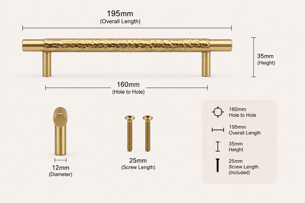 Premium solid brass kitchen cabinet handle close-up of hammered texture