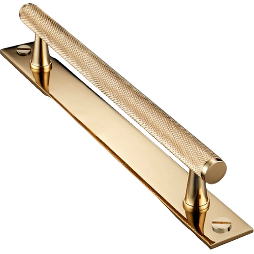 Brushed brass cabinet handle with backing plate, feature shot