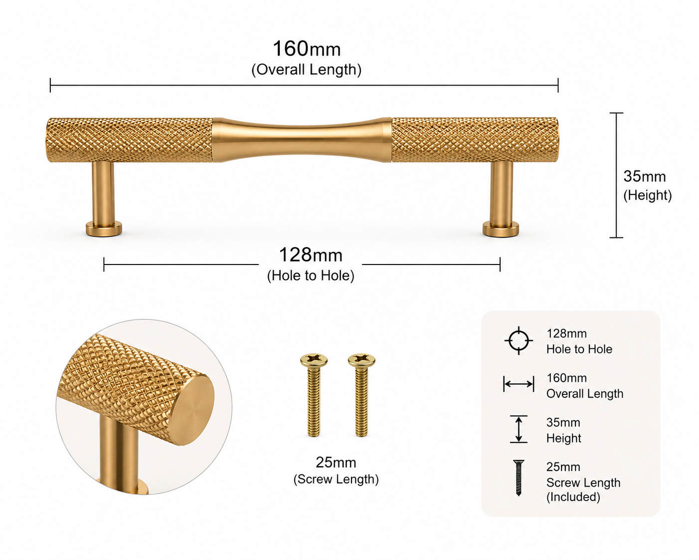 Brushed Brass Knurled Cabinet Handle | Solid Brass | 128mm Centres