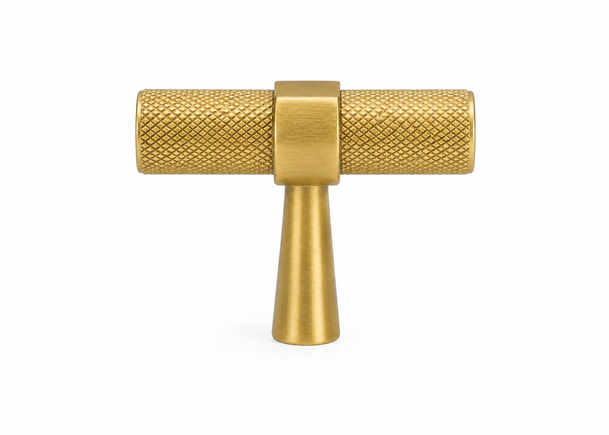 Brushed brass knurled cabinet handle lifestyle image